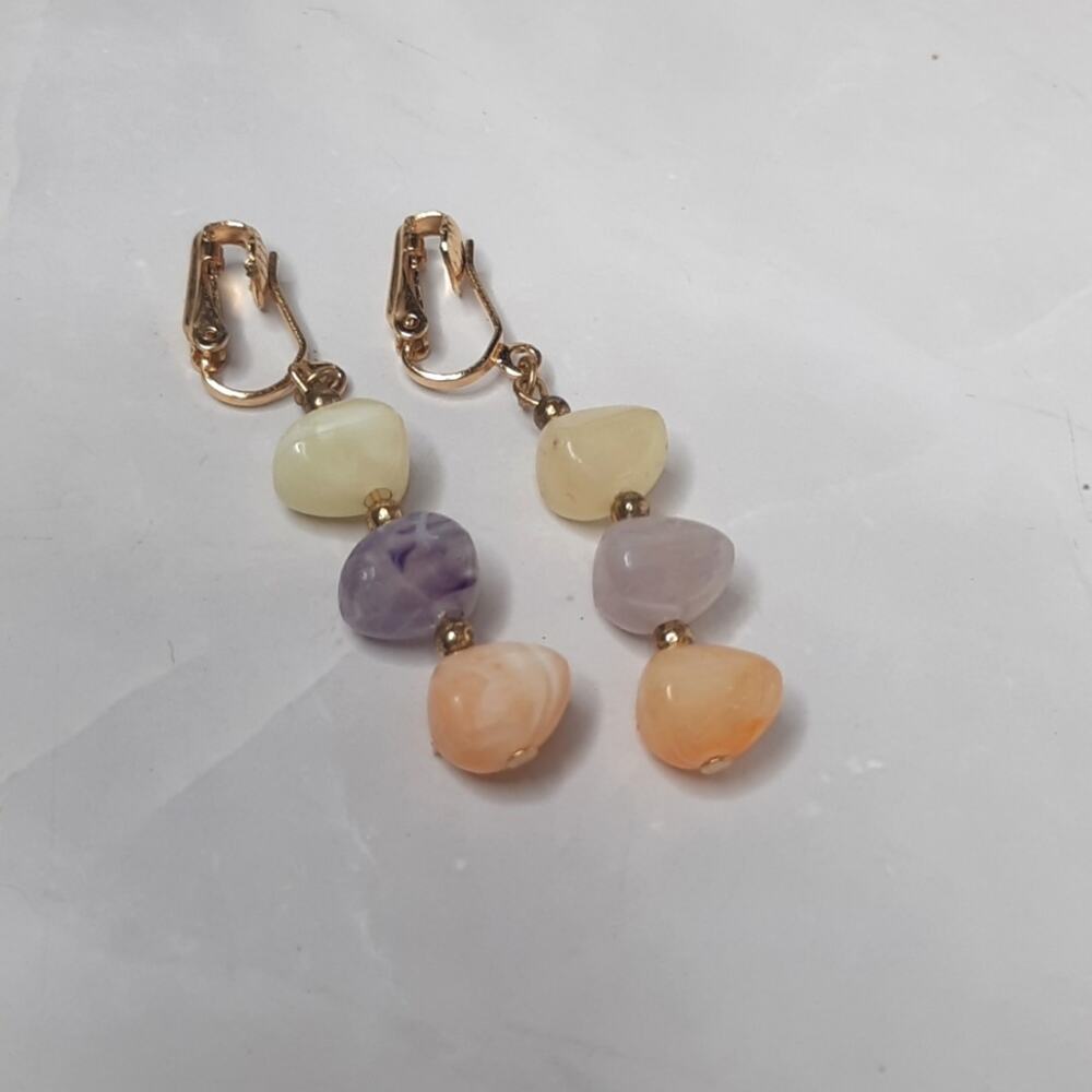 Pastel Stone Dangle Earrings Gold Tone Clip Backs